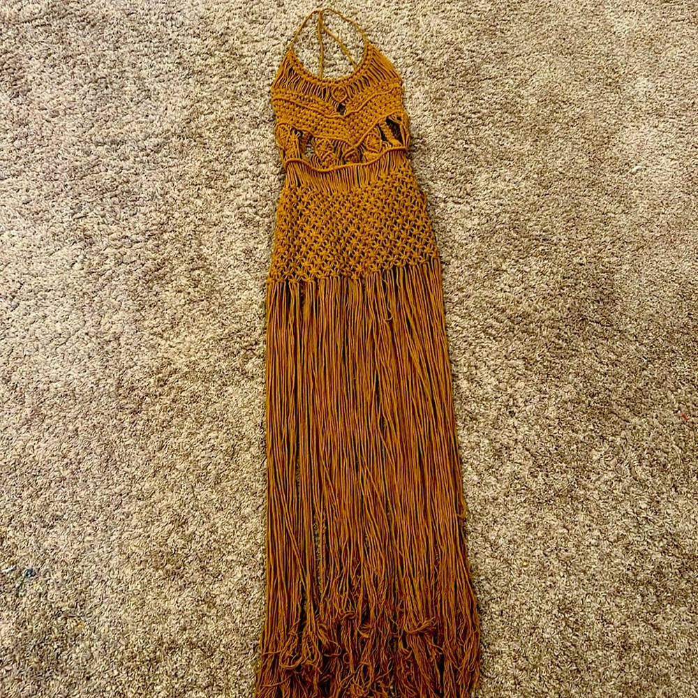 Women’s Fringe Crochet Cover-Up Dress in Mustard